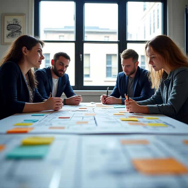 Collaborative workshop environment with sticky notes and business professionals